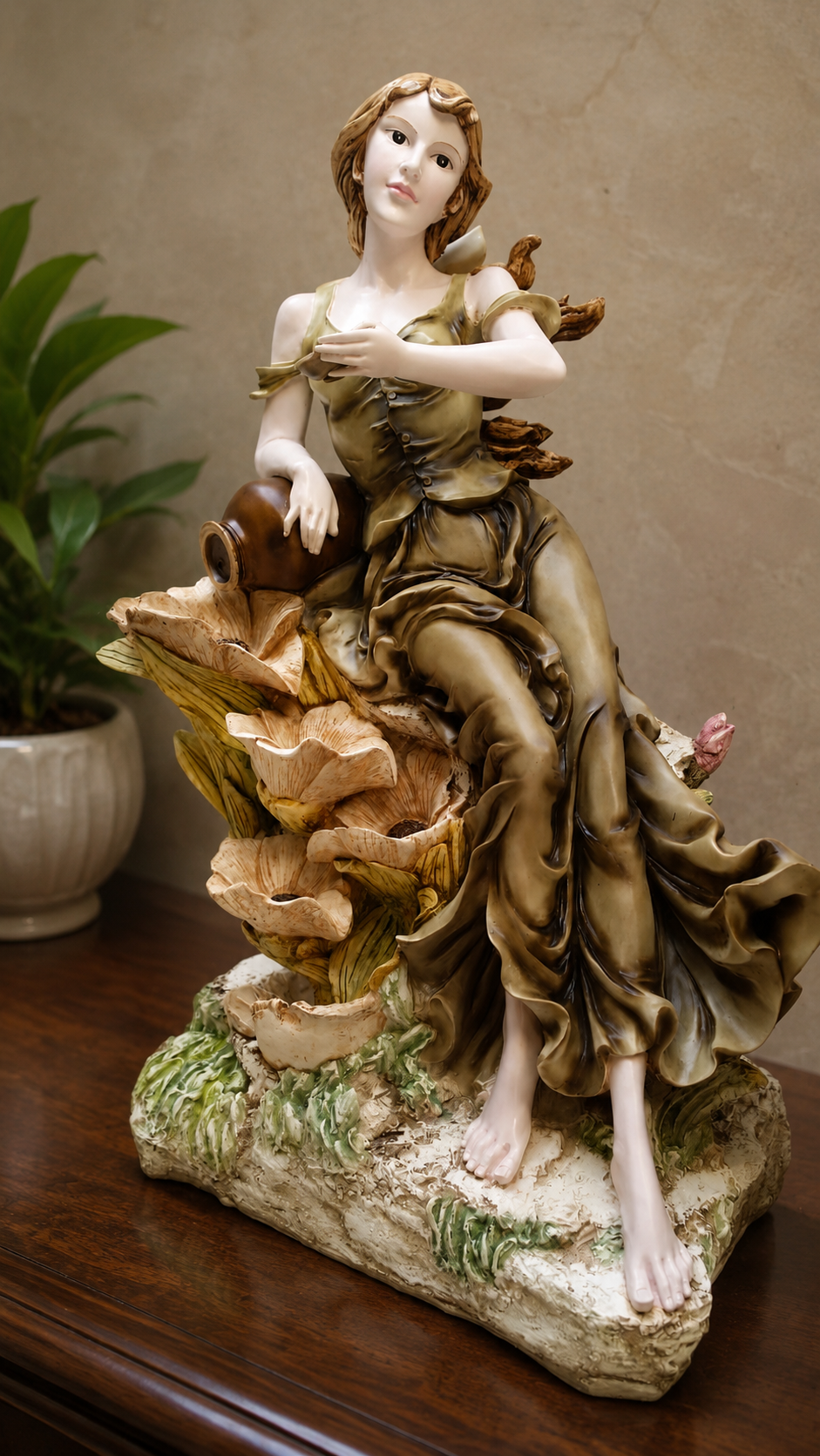 Elegant Lady with Floral Cascade Water Fountain