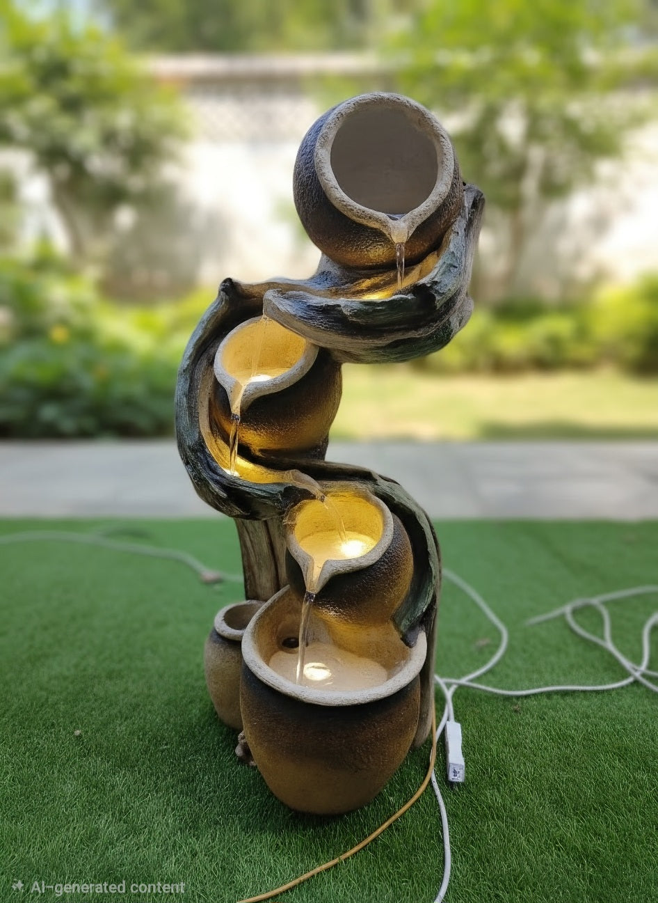 Rustic multi-tier cascading water fountain