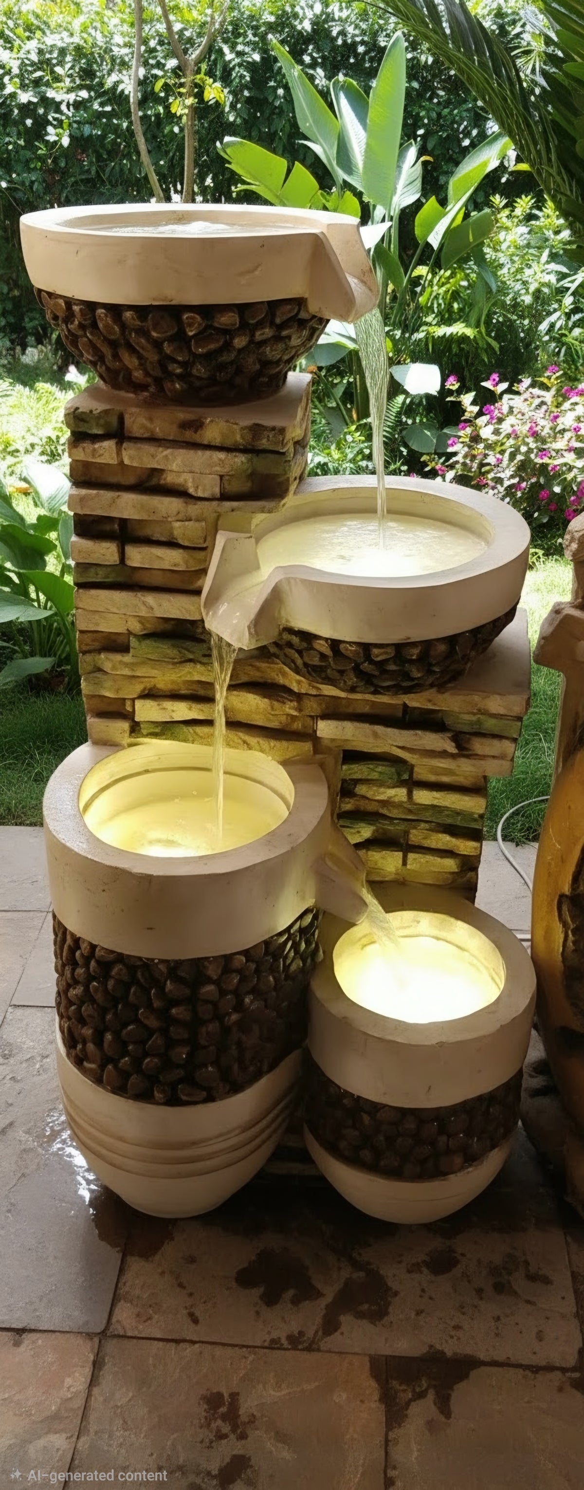 Rustic Four-Tier Pebble Cascade Garden Fountain