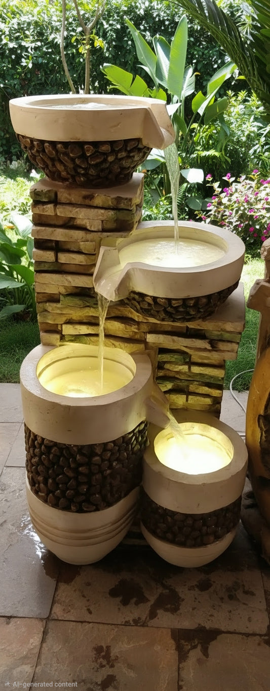 Rustic Four-Tier Pebble Cascade Garden Fountain