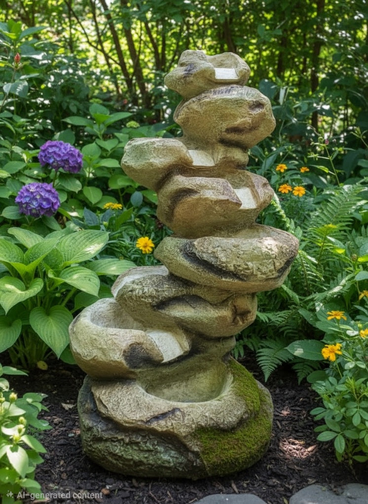 Rustic Stacked-Stone Cascade Fountain