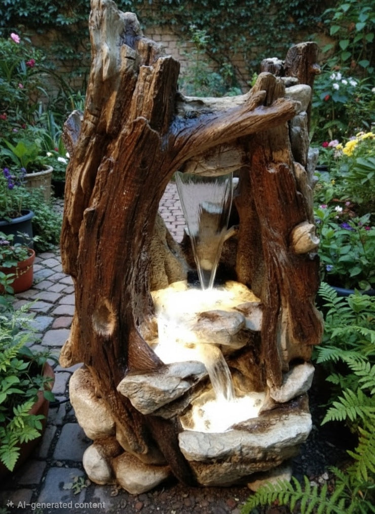 Rustic Tree-Trunk Cascade Fountain