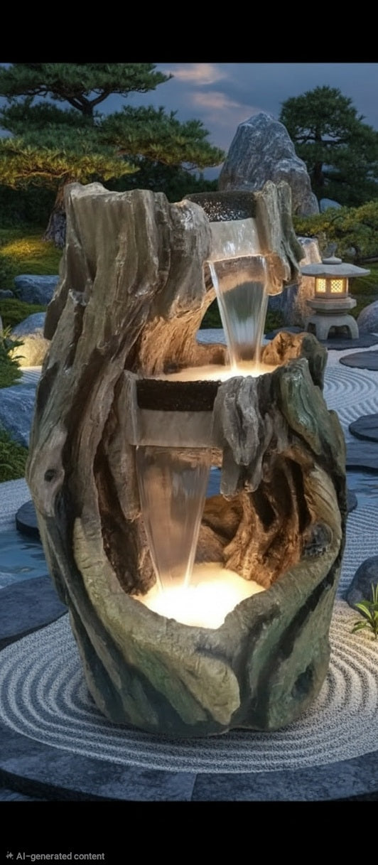 Rustic multi-tier rock waterfall fountain