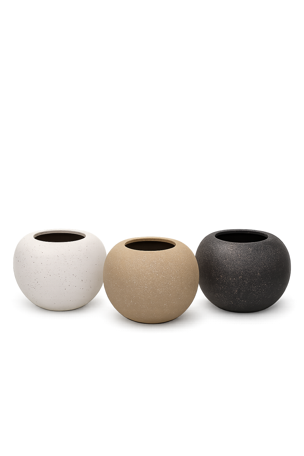 Set of three modern, round decorative planter.