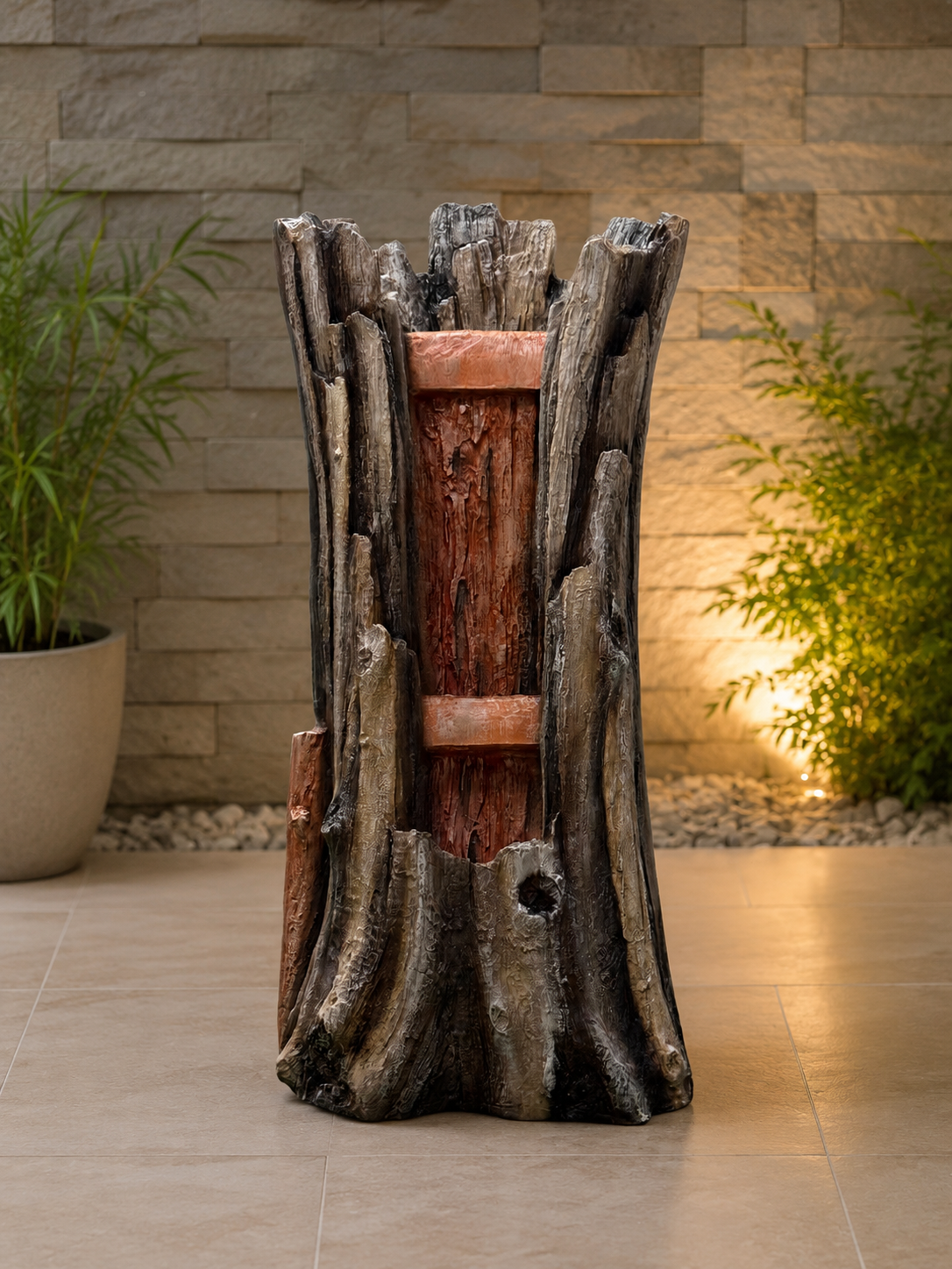 Rustic Tree-Trunk Cascading Fountain