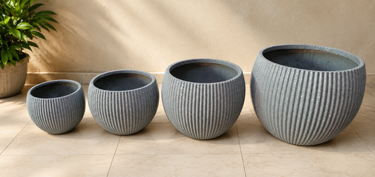 Modern round ribbed/fluted planter pots.