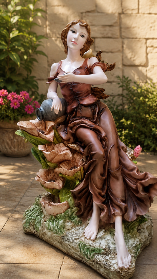 Elegant Lady with Floral Cascade Water Fountain