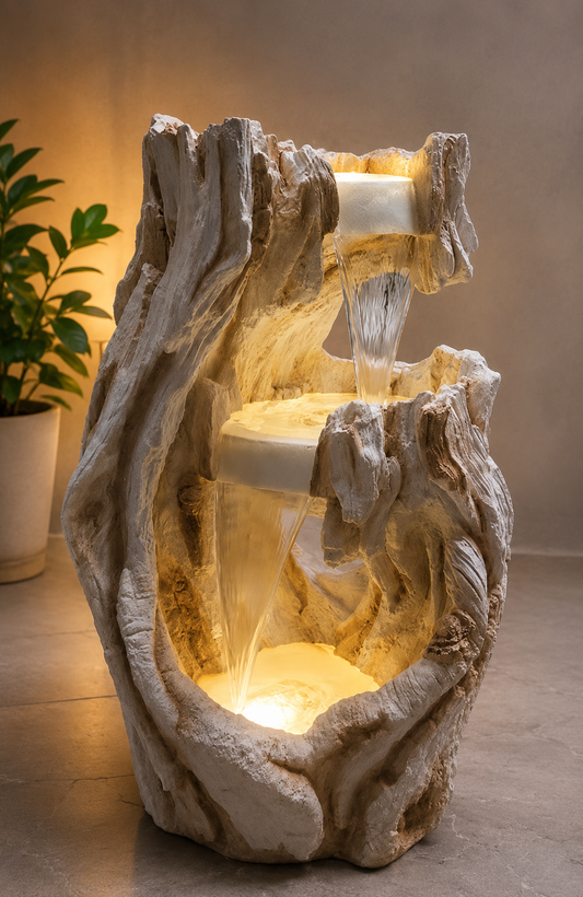 Rustic multi-tier rock waterfall fountain