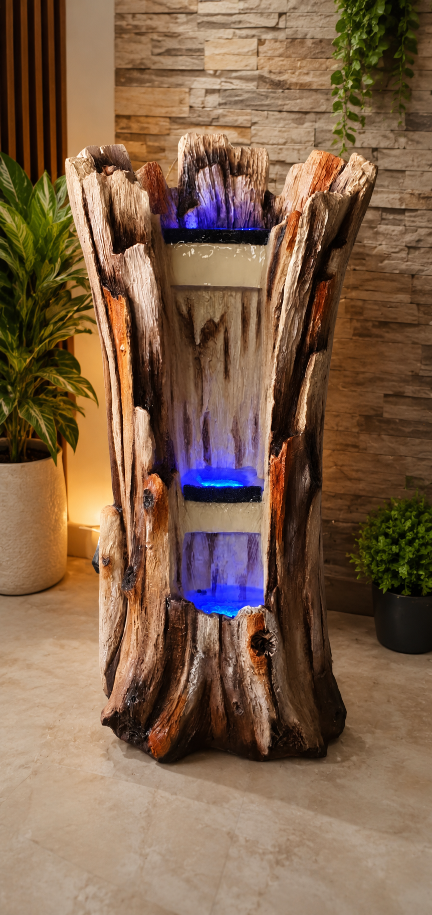 Rustic Tree-Trunk Cascading Fountain