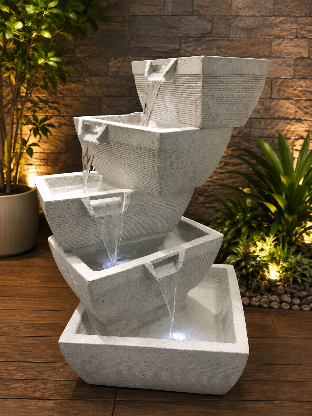 Modern 4-Tier Geometric Cascading Water Fountain