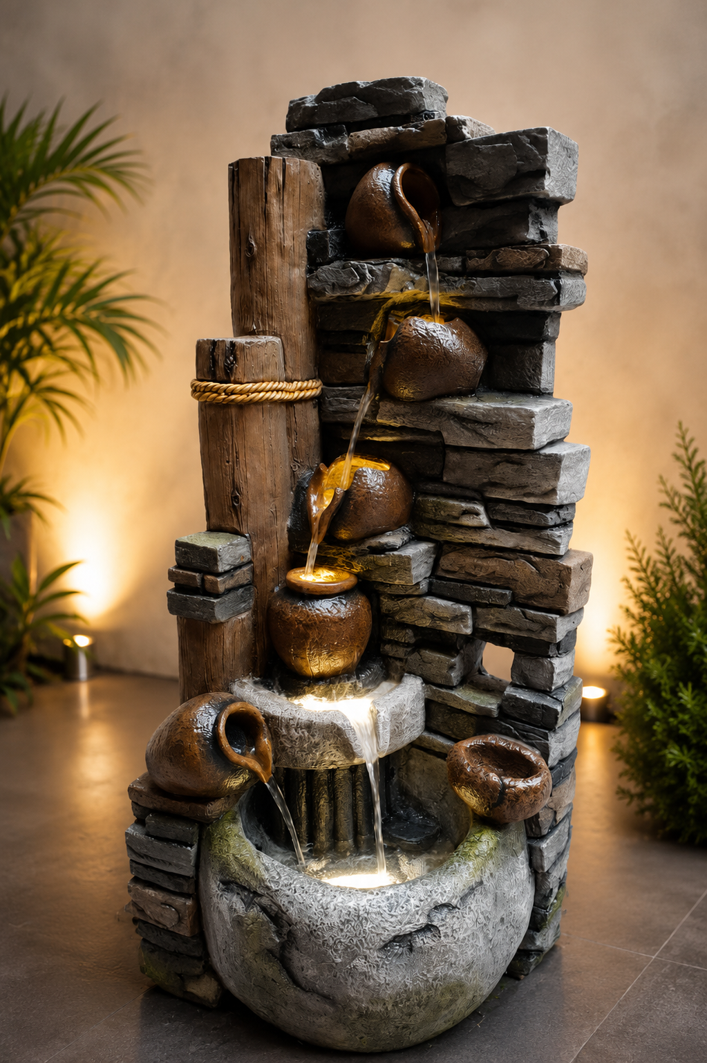 Multi- Tier Pot Design LED Water Fountain